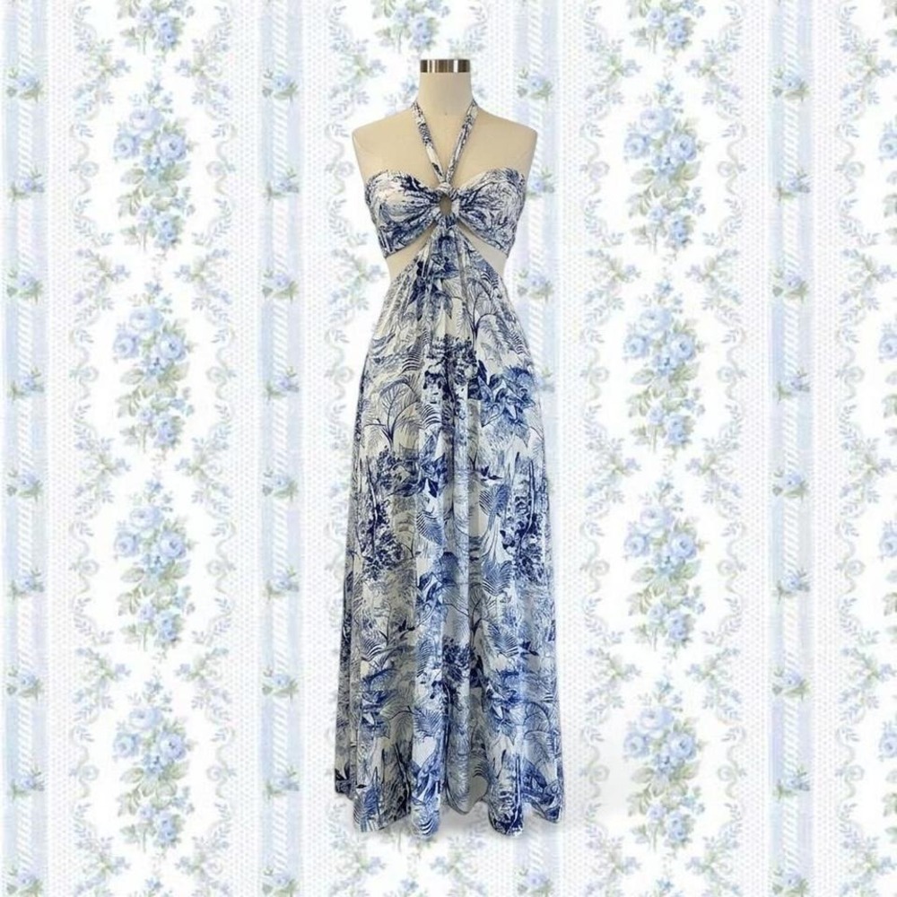 Women's Size 8 Blue and white floral print halter maxi dress